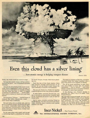 Até mesmo esta nuvem tem um lado bom, diz o cartaz sobre como a energia atômica poderia ajudar a vencer doenças. Uma das estratégias utilizadas pela propaganda era posicionar as ações norte-americanas ao lado de conquistas e benefícios para a população. Era uma forma de dizer que a guerra era para garantir o bem estar e a liberdade do povo americano. A propaganda não precisava partir do governo: até mesmo empresas privadas abraçavam a ideologia. Até mesmo esta nuvem tem um lado bom, diz o cartaz sobre como a energia atômica poderia ajudar a vencer doenças. Uma das estratégias utilizadas pela propaganda era posicionar as ações norte-americanas ao lado de conquistas e benefícios para a população. Era uma forma de dizer que a guerra era para garantir o bem estar e a liberdade do povo americano. A propaganda não precisava partir do governo: até mesmo empresas privadas abraçavam a ideologia.