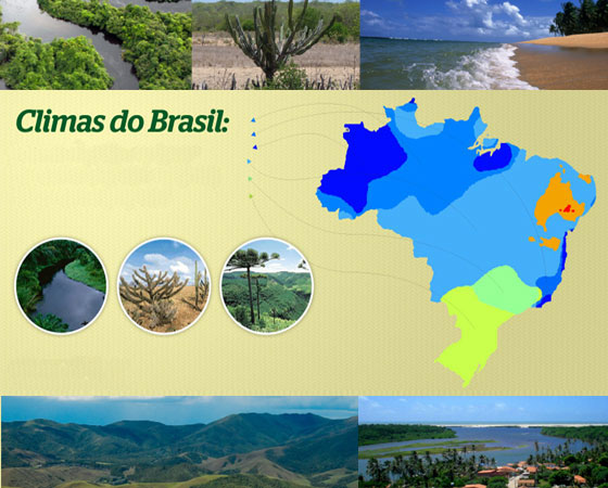 Como mais de 90% do território brasileiro fica entre os trópicos de Câncer e de Capricórnio, podemos dizer que vivemos, sim, num país tropical. Os tipos de clima no país são definidos com base em critérios variados, mas sobretudo, a partir da quatidade de chuva e da temperatura média no decorrer do ano. Confira a seguir as principais características dos seis principais tipos climáticos do Brasil