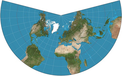 A proje&ccedil;&atilde;o c&ocirc;nica &eacute; muito utilizada para a representa&ccedil;&atilde;o de &aacute;reas continentais. O nome desse m&eacute;todo &eacute; porque o mapa &eacute; como se fosse um cone desenrolado. (Foto: Wikimedia Commons)