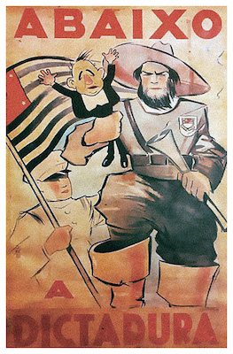 Os constitucionalistas também buscaram apoio para o sua causa através de cartazes e panfletos. Na imagem, um soldado paulista forte e imponente segura um Getúlio Vargas pequeno e patético. Os constitucionalistas também buscaram apoio para o sua causa através de cartazes e panfletos. Na imagem, um soldado paulista forte e imponente segura um Getúlio Vargas pequeno e patético.