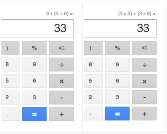 A multiplicação de um número por uma soma é igual a soma dos produtos deste número por cada uma das parcelas. Ou seja, 3 x (5 + 6) = 3 x 5 + 3 x 6 (Foto: Creative Commons)