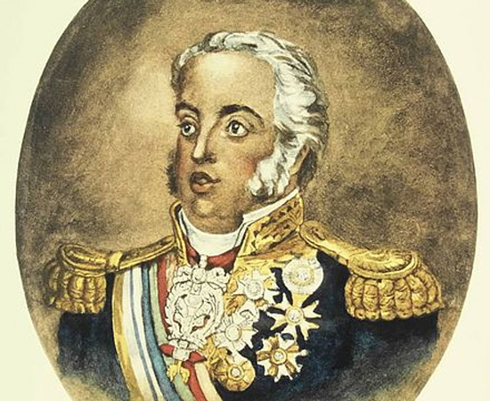 O bloqueio comercial à Inglaterra imposto na Europa continental por Napoleão Bonaparte foi desrespeitado por Portugal, que dependia economicamente dos britânicos. A invasão francesa no território lusitano, como retaliação, tornou-se iminente, e, em 1808, o rei português dom João VI e sua corte fugiram para o Brasil. Imagem: Retrato de dom João VI por Jean-Baptiste Debret / Domínio Público