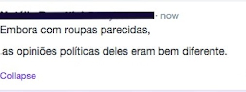 As conjunções concessivas, como embora, e bem que, mesmo que, ainda que e conquanto servem para expressar uma ideia contrária à da oração principal, ainda que não seja suficiente para anulá-la. No caso do tweet, o erro está no emprego da conjunção: o fato das pessoas em questão usarem roupas parecidas não tem relação com suas ideias políticas. Logo, a conjunção foi usada para contrapor duas ideias que não são opostas. As conjunções concessivas, como embora, e bem que, mesmo que, ainda que e conquanto servem para expressar uma ideia contrária à da oração principal, ainda que não seja suficiente para anulá-la. No caso do tweet, o erro está no emprego da conjunção: o fato das pessoas em questão usarem roupas parecidas não tem relação com suas ideias políticas. Logo, a conjunção foi usada para contrapor duas ideias que não são opostas.