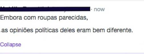 As conjun&ccedil;&otilde;es concessivas, como embora, e bem que, mesmo que, ainda que e conquanto servem para expressar uma ideia contr&aacute;ria &agrave; da ora&ccedil;&atilde;o principal, ainda que n&atilde;o seja suficiente para anul&aacute;-la. No caso do tweet, o erro est&aacute; no emprego da conjun&ccedil;&atilde;o: o fato das pessoas em quest&atilde;o usarem roupas parecidas n&atilde;o tem rela&ccedil;&atilde;o com suas ideias pol&iacute;ticas. Logo, a conjun&ccedil;&atilde;o foi usada para contrapor duas ideias que n&atilde;o s&atilde;o opostas.