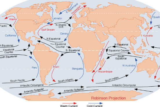 As correntes marítimas são grandes massas de água que circulam pelos oceanos. Como não interagem com as águas dos lugares por onde passam, elas mantêm temperatura, cor e salinidade próprias. A movimentação das correntes marítimas acontece, principalmente, devido à ação do vento, ao calor do Sol e ao movimento de rotação da Terra. (Imagem: Wikimedia Commons) As correntes marítimas são grandes massas de água que circulam pelos oceanos. Como não interagem com as águas dos lugares por onde passam, elas mantêm temperatura, cor e salinidade próprias. A movimentação das correntes marítimas acontece, principalmente, devido à ação do vento, ao calor do Sol e ao movimento de rotação da Terra. (Imagem: Wikimedia Commons)