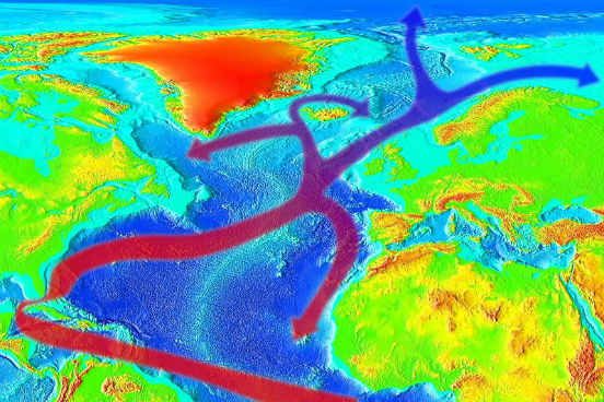 Também chamada de corrente do Atlântico Norte, essa corrente quente tem origem na região do Golfo do México e se desloca em direção à Europa. Ela é responsável por aumentar a temperatura média de certas regiões da península Ibérica, da Grã-Bretanha e da Noruega, fazendo com que elas tenham um clima mais ameno se comparado ao de regiões que se encontram na mesma latitude. (Imagem: Wikimedia Commons) Também chamada de corrente do Atlântico Norte, essa corrente quente tem origem na região do Golfo do México e se desloca em direção à Europa. Ela é responsável por aumentar a temperatura média de certas regiões da península Ibérica, da Grã-Bretanha e da Noruega, fazendo com que elas tenham um clima mais ameno se comparado ao de regiões que se encontram na mesma latitude. (Imagem: Wikimedia Commons)