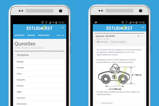 Além de auxiliar no preparo para o Enem, o EstudaVest disponibiliza simulados e um banco de questões dos vestibulares de instituições como UEL, UERJ, UFPR e USP. Ele ainda traz videoaulas, um calendário de vestibulares e um ranking que mostra o seu desempenho em relação ao dos demais usuários do aplicativo. O aplicativo pode ser baixado de graça tanto para Android como para iOS. (Imagem: Reprodução)