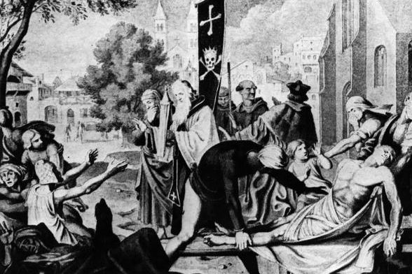 Resultado de condições precárias de higiene, a peste negra se espalha rapidamente pela Europa e acaba fazendo com que a guerra passe por uma pausa forçada. A imagem acima é uma pintura da época que retrata os efeitos da doença por volta do ano de 1349. (Imagem: Hulton Archive/Getty Images) Resultado de condições precárias de higiene, a peste negra se espalha rapidamente pela Europa e acaba fazendo com que a guerra passe por uma pausa forçada. A imagem acima é uma pintura da época que retrata os efeitos da doença por volta do ano de 1349. (Imagem: Hulton Archive/Getty Images)