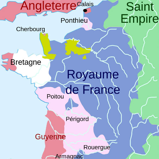 A Batalha de Poitiers levou à assinatura do Tratado de Brétigny, em 1360. Nele, a França reconhecia o domínio inglês sobre parte do seu território além de devolver as terras inglesas que havia conquistado durante a guerra. A imagem mostra a França após esse tratado: em vermelho estão os territórios controlados pela Inglaterra, e em rosa os territórios cedidos para a Inglaterra após a assinatura do documento. (Imagem: Wikimedia Commons) A Batalha de Poitiers levou à assinatura do Tratado de Brétigny, em 1360. Nele, a França reconhecia o domínio inglês sobre parte do seu território além de devolver as terras inglesas que havia conquistado durante a guerra. A imagem mostra a França após esse tratado: em vermelho estão os territórios controlados pela Inglaterra, e em rosa os territórios cedidos para a Inglaterra após a assinatura do documento. (Imagem: Wikimedia Commons)