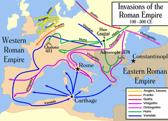 Em suma, o mundo feudal se estabeleceu graças a dois acontecimentos históricos simultâneos: as invasões bárbaras e a crise do Império Romano. Os romanos chamavam de bárbaros todos aqueles que não tinham seus costumes e nem falavam sua língua - entre eles, inclusive, os germanos, que através das suas invasões desestruturaram o Império Romano do Ocidente. Esse choque de crenças, costumes e tradições dos povos romanos e germânicos, portanto, foi fundamental para a constituição do feudalismo. (Imagem: Wikimedia Commons) Em suma, o mundo feudal se estabeleceu graças a dois acontecimentos históricos simultâneos: as invasões bárbaras e a crise do Império Romano. Os romanos chamavam de bárbaros todos aqueles que não tinham seus costumes e nem falavam sua língua - entre eles, inclusive, os germanos, que através das suas invasões desestruturaram o Império Romano do Ocidente. Esse choque de crenças, costumes e tradições dos povos romanos e germânicos, portanto, foi fundamental para a constituição do feudalismo. (Imagem: Wikimedia Commons)
