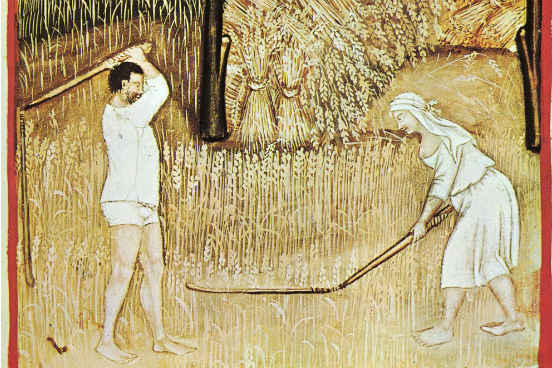 Os únicos que trabalhavam eram os servos, que não eram proprietários da terra e tinham diversas obrigações, como: a talha, em que parte da produção do servo deveria ser doada para o senhor feudal; a capitação, imposto pago por servo; a mão-morta, imposto pago pela família para que ela pudesse continuar utilizando a terra depois que o servo morria; e a banalidade, taxa pelo uso de equipamentos como moinho e fornos. (Imagem: Wikimedia Commons) Os únicos que trabalhavam eram os servos, que não eram proprietários da terra e tinham diversas obrigações, como: a talha, em que parte da produção do servo deveria ser doada para o senhor feudal; a capitação, imposto pago por servo; a mão-morta, imposto pago pela família para que ela pudesse continuar utilizando a terra depois que o servo morria; e a banalidade, taxa pelo uso de equipamentos como moinho e fornos. (Imagem: Wikimedia Commons)