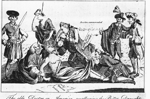 Além disso, o Parlamento Britânico também aprovou uma série de leis desvantajosas para a colônia - o fechamento do porto de Boston e a proibição de manifestações contra a metrópole foram algumas delas. A caricatura representa essas leis intoleráveis. (Foto: Wikimedia Commons) Além disso, o Parlamento Britânico também aprovou uma série de leis desvantajosas para a colônia - o fechamento do porto de Boston e a proibição de manifestações contra a metrópole foram algumas delas. A caricatura representa essas leis intoleráveis. (Foto: Wikimedia Commons)