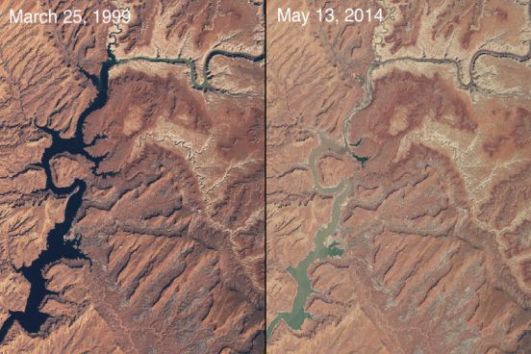 Durante o século 20, os americanos domaram o rio Colorado, construindo represas e reservatórios. Em 2000, uma grande seca atingiu o Arizona e o inimaginável aconteceu: alguns lagos tiveram sua capacidade hídrica drasticamente reduzida. Na imagem, você pode ver a seca do lago Powel. (Imagem: NASA) Durante o século 20, os americanos domaram o rio Colorado, construindo represas e reservatórios. Em 2000, uma grande seca atingiu o Arizona e o inimaginável aconteceu: alguns lagos tiveram sua capacidade hídrica drasticamente reduzida. Na imagem, você pode ver a seca do lago Powel. (Imagem: NASA)