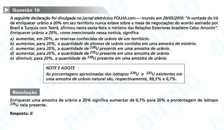 FUVEST 2011 – Primeira Fase – Questão 10