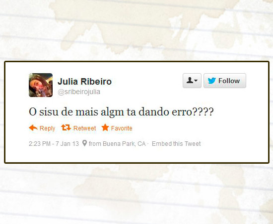 Muitos usuários do Twitter usaram a rede social para comentar o processo de inscrição no Sisu, programa do Ministério da Educação (MEC) que seleciona estudantes para as universidades federais. Mais de 620 mil candidatos se inscreveram até as 16h desta segunda-feira (7). Enquanto alguns reclamavam de falhas, outros contavam que haviam conseguido efetuar o processo normalmente. As primeiras notas de cortes de cada curso e a classificação parcial estarão disponíveis no sistema a partir das 2h da madrugada de terça-feira.