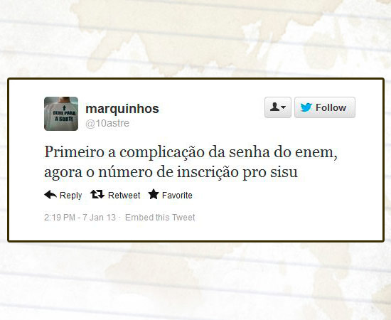 Muitos usuários do Twitter usaram a rede social para comentar o processo de inscrição no Sisu, programa do Ministério da Educação (MEC) que seleciona estudantes para as universidades federais. Mais de 620 mil candidatos se inscreveram até as 16h desta segunda-feira (7). Enquanto alguns reclamavam de falhas, outros contavam que haviam conseguido efetuar o processo normalmente. As primeiras notas de cortes de cada curso e a classificação parcial estarão disponíveis no sistema a partir das 2h da madrugada de terça-feira. Muitos usuários do Twitter usaram a rede social para comentar o processo de inscrição no Sisu, programa do Ministério da Educação (MEC) que seleciona estudantes para as universidades federais. Mais de 620 mil candidatos se inscreveram até as 16h desta segunda-feira (7). Enquanto alguns reclamavam de falhas, outros contavam que haviam conseguido efetuar o processo normalmente. As primeiras notas de cortes de cada curso e a classificação parcial estarão disponíveis no sistema a partir das 2h da madrugada de terça-feira.
