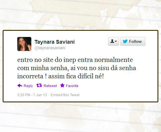 Muitos usuários do Twitter usaram a rede social para comentar o processo de inscrição no Sisu, programa do Ministério da Educação (MEC) que seleciona estudantes para as universidades federais. Mais de 620 mil candidatos se inscreveram até as 16h desta segunda-feira (7). Enquanto alguns reclamavam de falhas, outros contavam que haviam conseguido efetuar o processo normalmente. As primeiras notas de cortes de cada curso e a classificação parcial estarão disponíveis no sistema a partir das 2h da madrugada de terça-feira. Muitos usuários do Twitter usaram a rede social para comentar o processo de inscrição no Sisu, programa do Ministério da Educação (MEC) que seleciona estudantes para as universidades federais. Mais de 620 mil candidatos se inscreveram até as 16h desta segunda-feira (7). Enquanto alguns reclamavam de falhas, outros contavam que haviam conseguido efetuar o processo normalmente. As primeiras notas de cortes de cada curso e a classificação parcial estarão disponíveis no sistema a partir das 2h da madrugada de terça-feira.