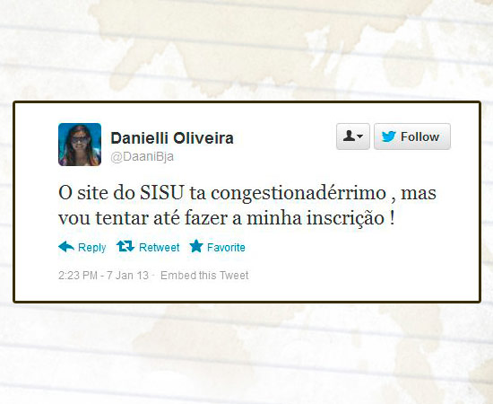 Muitos usuários do Twitter usaram a rede social para comentar o processo de inscrição no Sisu, programa do Ministério da Educação (MEC) que seleciona estudantes para as universidades federais. Mais de 620 mil candidatos se inscreveram até as 16h desta segunda-feira (7). Enquanto alguns reclamavam de falhas, outros contavam que haviam conseguido efetuar o processo normalmente. As primeiras notas de cortes de cada curso e a classificação parcial estarão disponíveis no sistema a partir das 2h da madrugada de terça-feira.