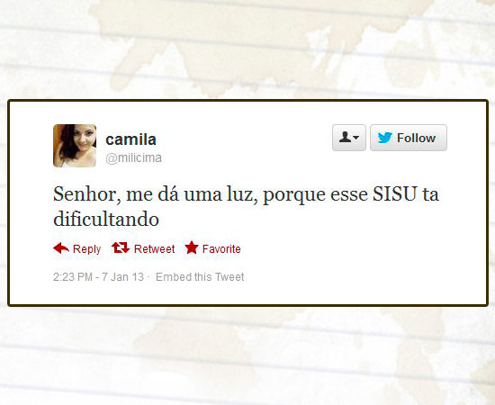 Muitos usuários do Twitter usaram a rede social para comentar o processo de inscrição no Sisu, programa do Ministério da Educação (MEC) que seleciona estudantes para as universidades federais. Mais de 620 mil candidatos se inscreveram até as 16h desta segunda-feira (7). Enquanto alguns reclamavam de falhas, outros contavam que haviam conseguido efetuar o processo normalmente. As primeiras notas de cortes de cada curso e a classificação parcial estarão disponíveis no sistema a partir das 2h da madrugada de terça-feira.