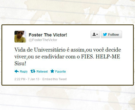 Muitos usuários do Twitter usaram a rede social para comentar o processo de inscrição no Sisu, programa do Ministério da Educação (MEC) que seleciona estudantes para as universidades federais. Mais de 620 mil candidatos se inscreveram até as 16h desta segunda-feira (7). Enquanto alguns reclamavam de falhas, outros contavam que haviam conseguido efetuar o processo normalmente. As primeiras notas de cortes de cada curso e a classificação parcial estarão disponíveis no sistema a partir das 2h da madrugada de terça-feira. Muitos usuários do Twitter usaram a rede social para comentar o processo de inscrição no Sisu, programa do Ministério da Educação (MEC) que seleciona estudantes para as universidades federais. Mais de 620 mil candidatos se inscreveram até as 16h desta segunda-feira (7). Enquanto alguns reclamavam de falhas, outros contavam que haviam conseguido efetuar o processo normalmente. As primeiras notas de cortes de cada curso e a classificação parcial estarão disponíveis no sistema a partir das 2h da madrugada de terça-feira.