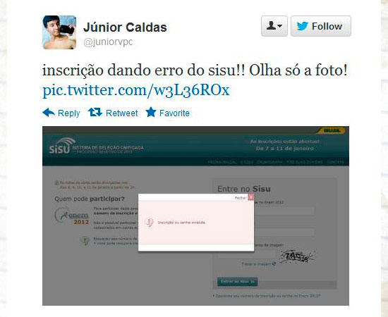 Muitos usuários do Twitter usaram a rede social para comentar o processo de inscrição no Sisu, programa do Ministério da Educação (MEC) que seleciona estudantes para as universidades federais. Mais de 620 mil candidatos se inscreveram até as 16h desta segunda-feira (7). Enquanto alguns reclamavam de falhas, outros contavam que haviam conseguido efetuar o processo normalmente. As primeiras notas de cortes de cada curso e a classificação parcial estarão disponíveis no sistema a partir das 2h da madrugada de terça-feira. Muitos usuários do Twitter usaram a rede social para comentar o processo de inscrição no Sisu, programa do Ministério da Educação (MEC) que seleciona estudantes para as universidades federais. Mais de 620 mil candidatos se inscreveram até as 16h desta segunda-feira (7). Enquanto alguns reclamavam de falhas, outros contavam que haviam conseguido efetuar o processo normalmente. As primeiras notas de cortes de cada curso e a classificação parcial estarão disponíveis no sistema a partir das 2h da madrugada de terça-feira.