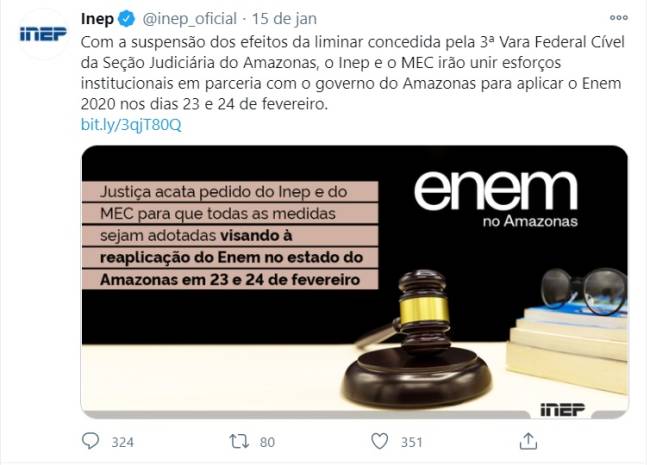 Publicação do Inep no Twitter