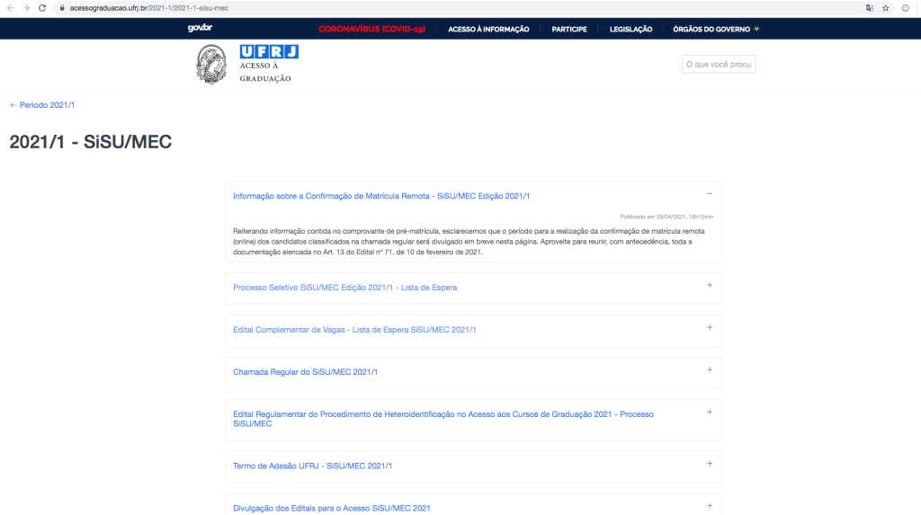 Print da tela do site da UFRJ, na parte do Sisu