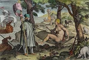 Jan_van_der_Straet_-_Vespucci_Discovering_America_plate_2_from_Nova_Reperta_(New_Discoveries)_engrave_-_(MeisterDrucke-321228) Obra Vespúcio Descobre a América, de Jan van der Straet.