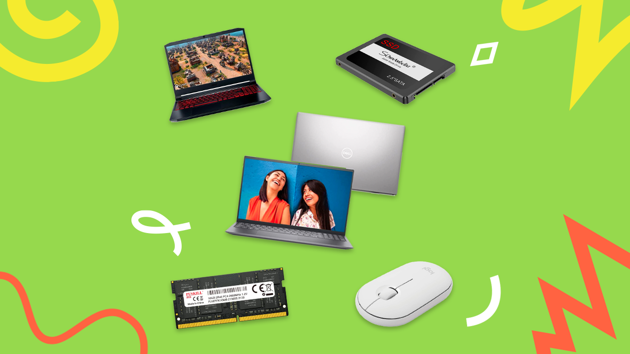 itens de computador como notebook, SSD e mouse