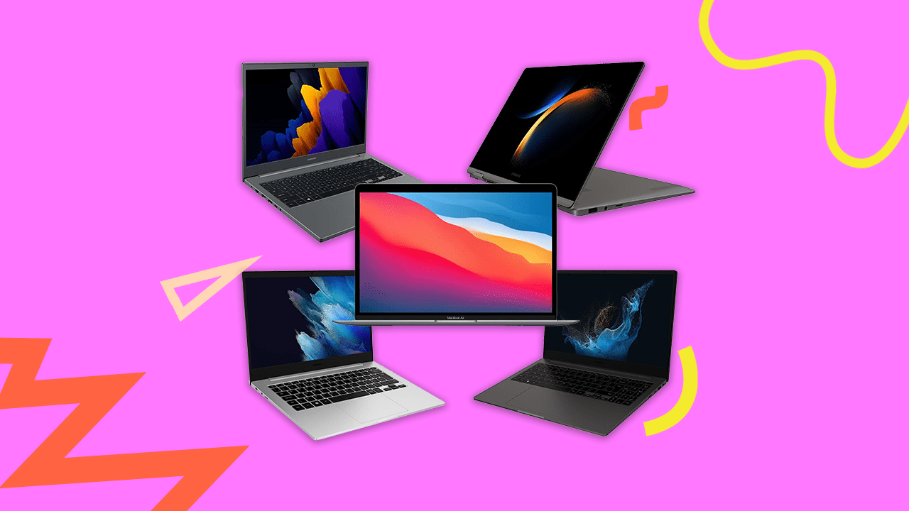 Montagem com cinco modelos de notebook em fundo cor de rosa