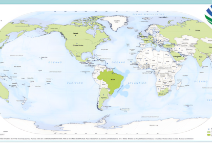 Mapa mundo do IBGE com brasil no centro