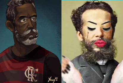 Montagem lado a lado de ilustração de Machado de Assis usando a camisa do Flamengo