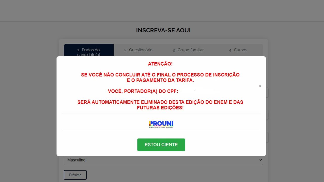 site simula página de inscrição do prouni