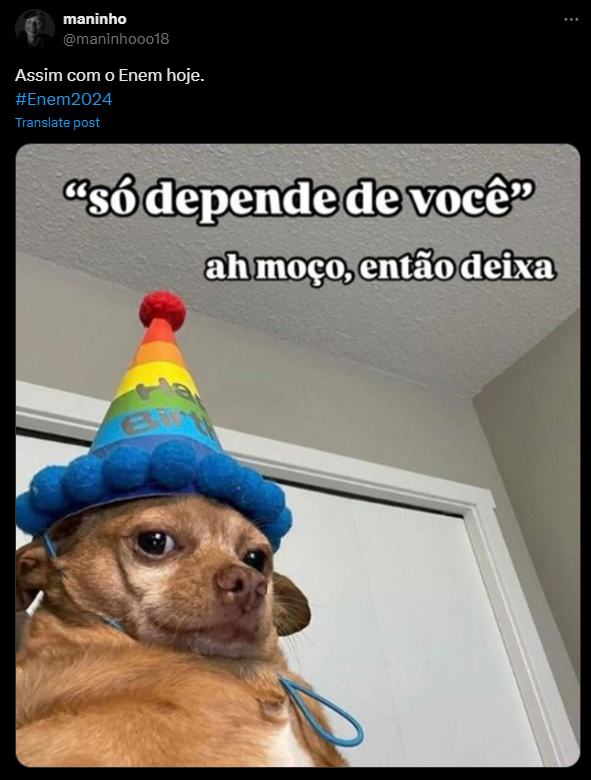 Print de postagem no X (antigo Twitter) com meme sobre o segundo dia do Enem 2024