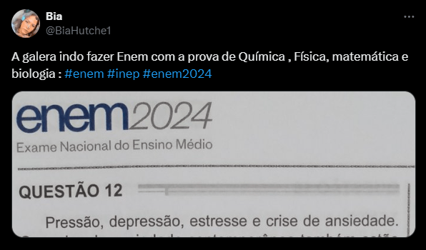 Print de postagem no X (antigo Twitter) com meme sobre o segundo dia do Enem 2024