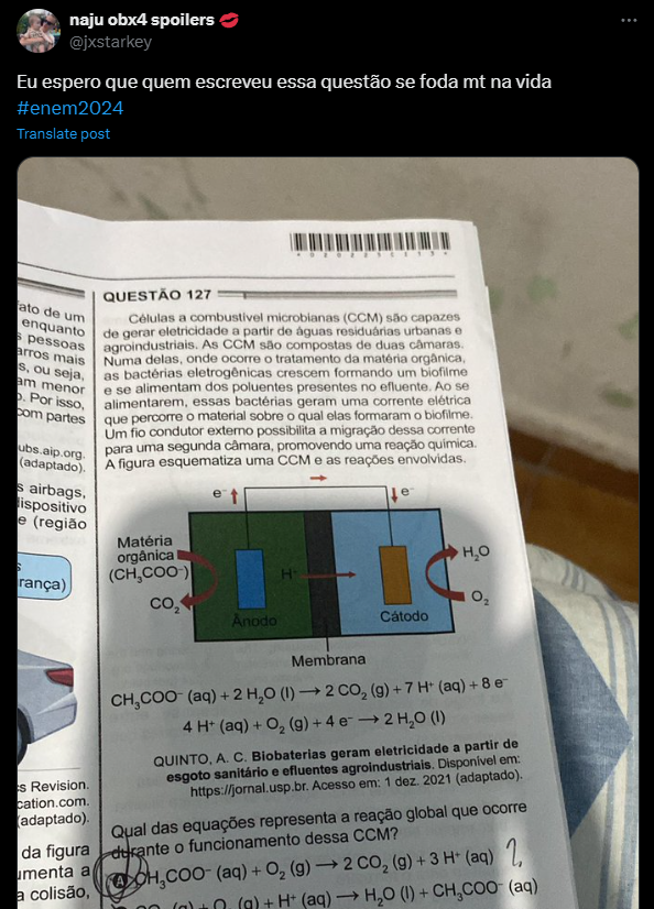 Print de postagem no X (antigo Twitter) comentando o segundo dia do Enem 2024