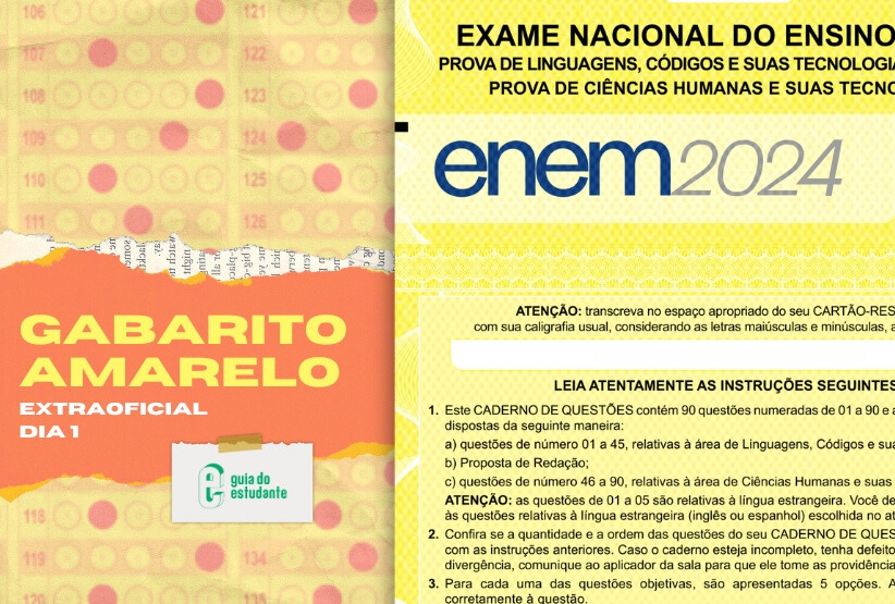Arte indicando gabarito extraoficial da prova AMARELA do Enem 2024 - DIA 1