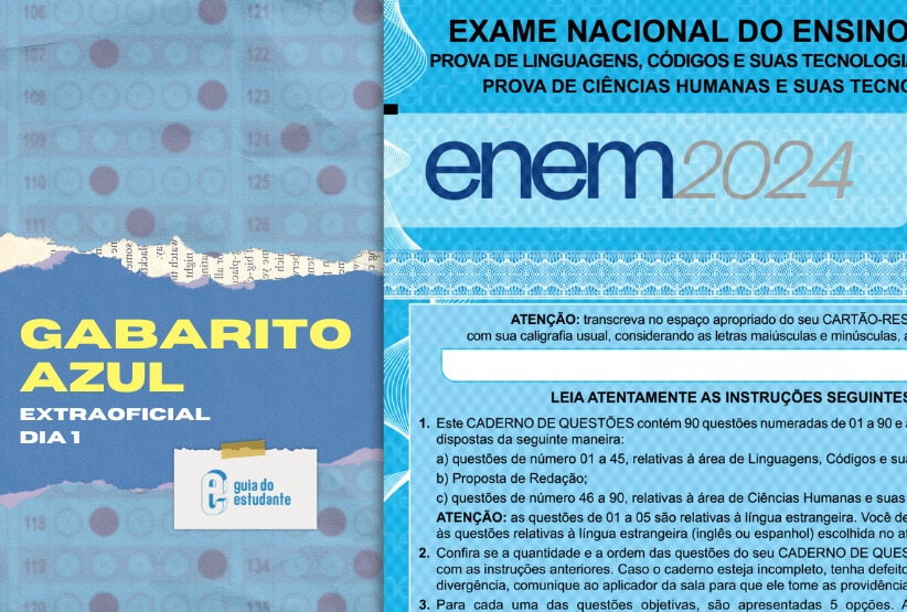 Arte indicando gabarito extraoficial da prova AZUL do Enem 2024 - DIA 1