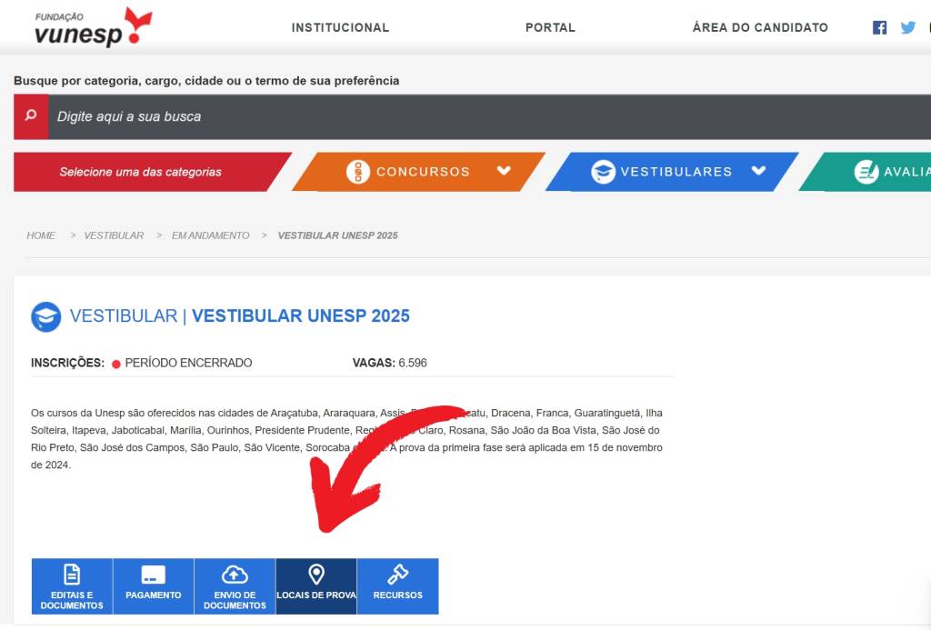local-de-prova-unesp-2025 Printscreen do site da Vunesp, indicando botação para consultar Local de Prova