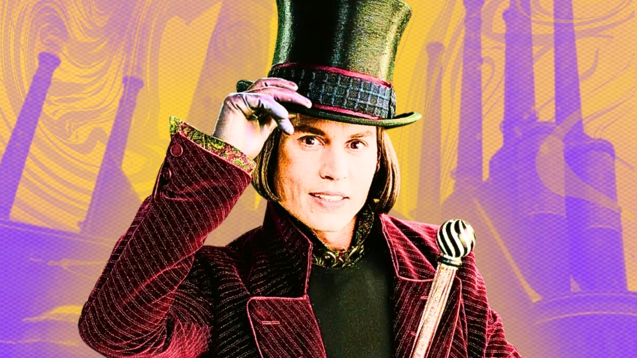 Arte com personagem Willy Wonka e sua fábrica