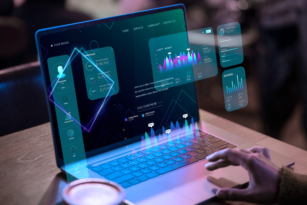 Notebook com elementos da tela projetados artificialmente para fora