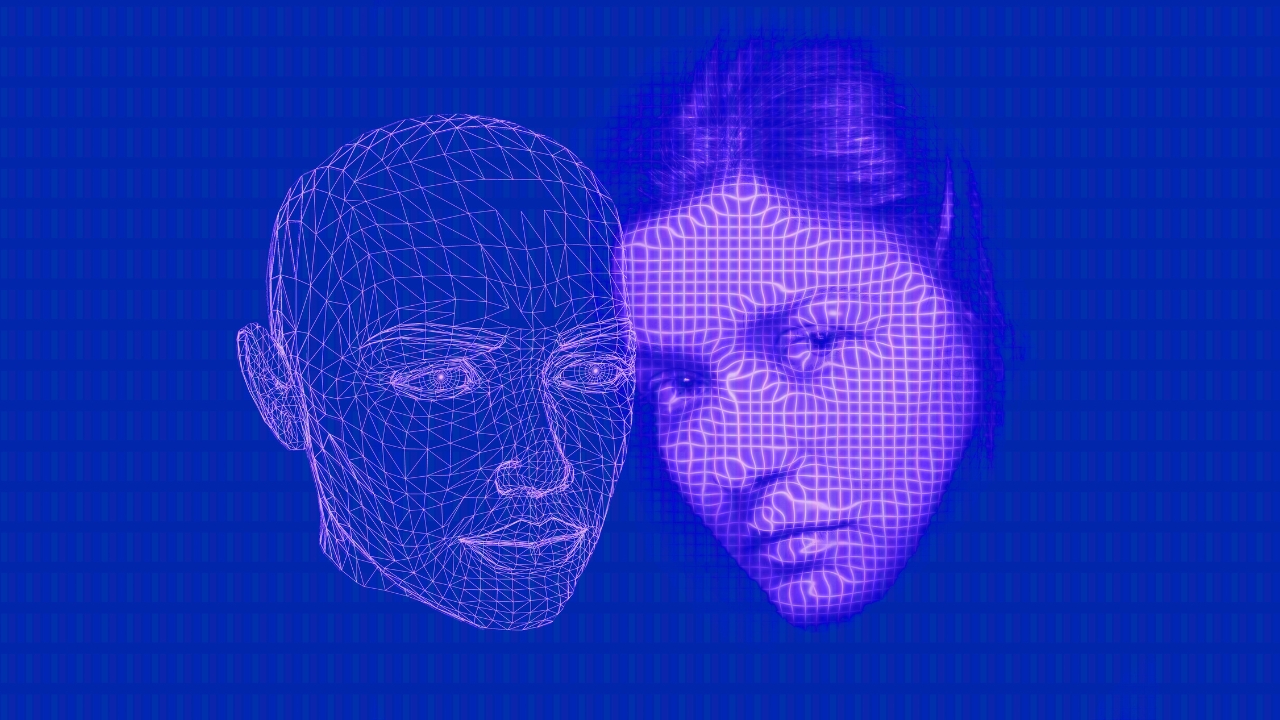 Montagem com rosto de uma mulher e um rosto de traços digitais, lado a lado em uma tela azul