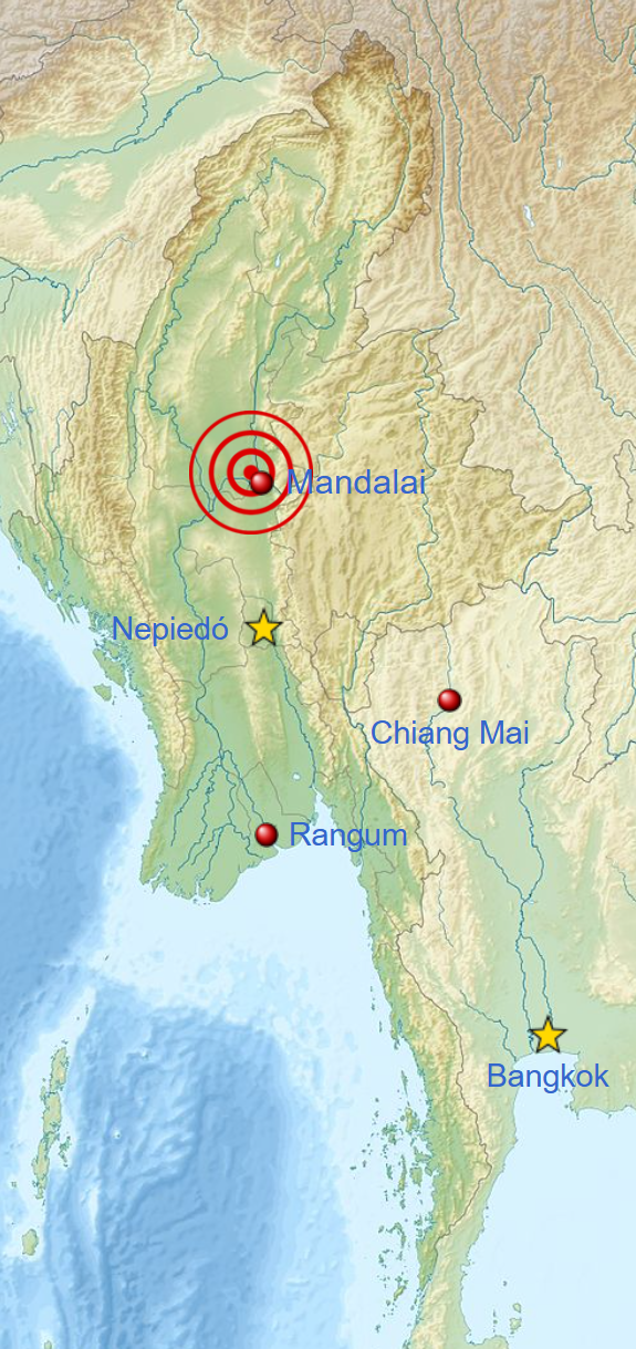 Mapa mostrando epicentro do terremoto em Mianmar, de março de 2025