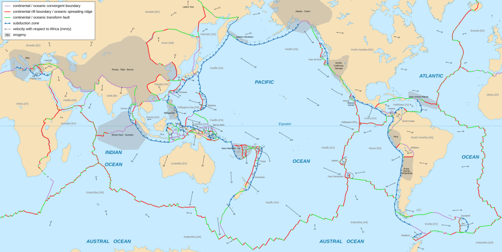 Um mapa tectônico mostrando as placas tectônicas da Terra