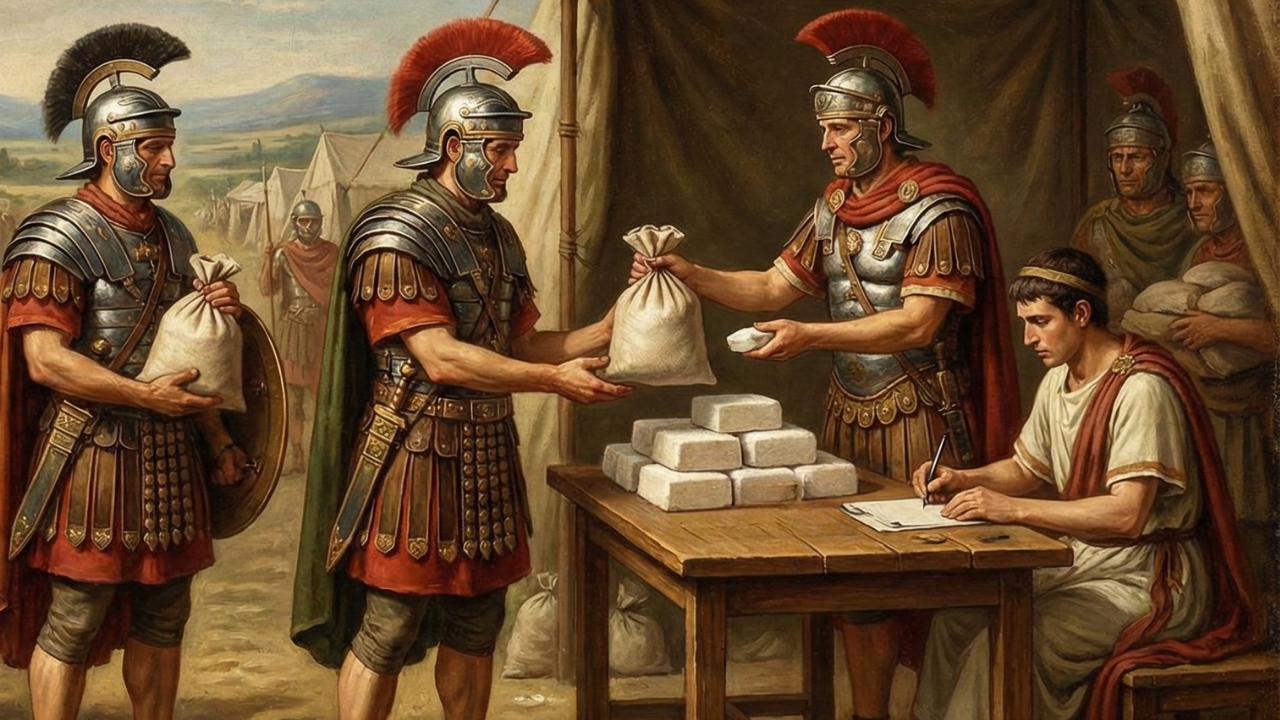 Ilustração, feita pelo Gemini, de soldados romanos em um acampamento militar recebendo pagamento em sacos de sal. Um oficial entrega os sacos sobre uma mesa com blocos de sal empilhados, enquanto um escriba sentado anota a transação. Outros soldados aguardam ao fundo.