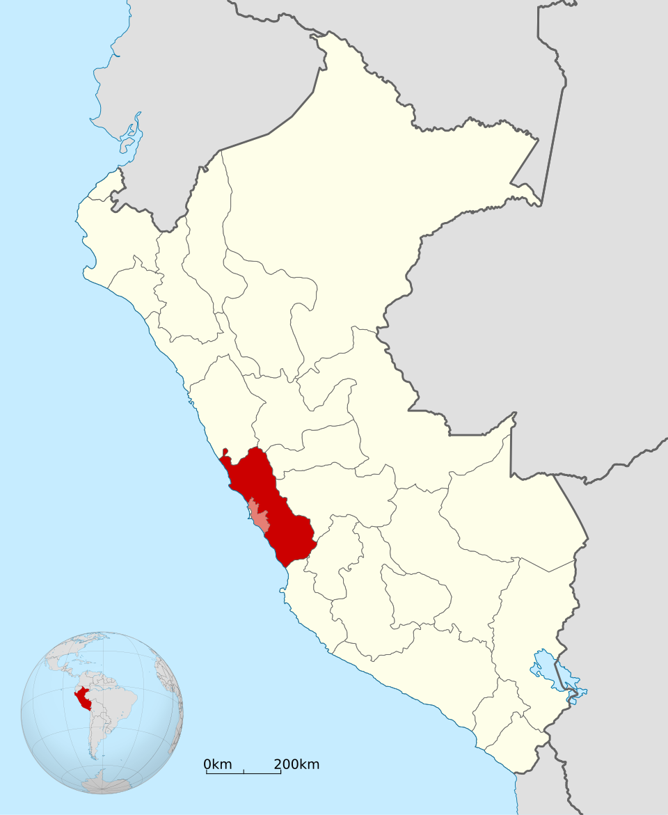 Mapa pol&iacute;tico do Peru com o Departamento de Lima destacado em vermelho no centro-oeste do pa&iacute;s, ao longo da costa do oceano Pac&iacute;fico.