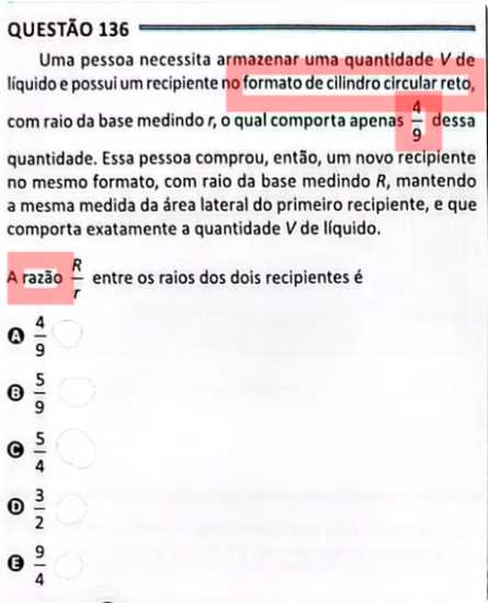 Quest&otilde;es sobre cilindro que caiu no Enem 2025