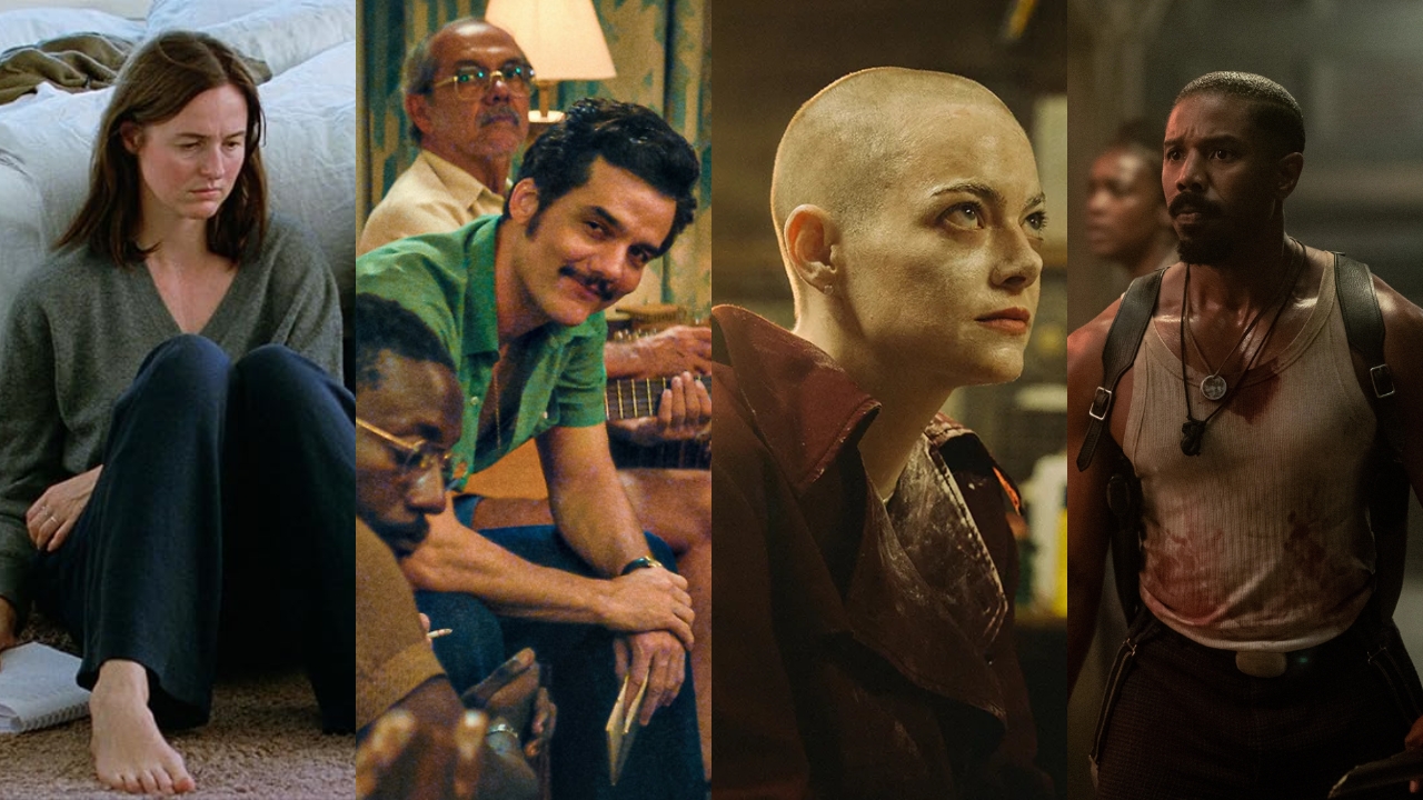 Montagem com quatro cenas de filmes diferentes, mostrando em cada faixa vertical uma personagem sentada no chão de um quarto, um grupo em sala de estar tocando violão, uma figura de cabeça raspada com manto escuro e um homem com camiseta manchada de sangue em ambiente escuro, todos com os rostos desfocados.