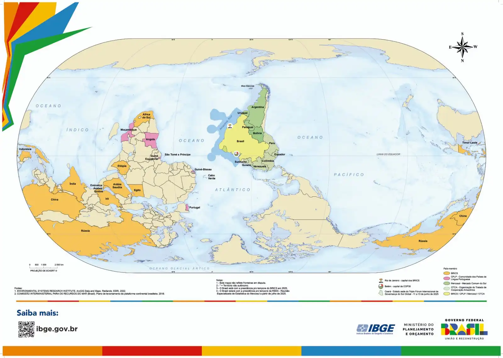 A imagem mostra o mapa-m&uacute;ndi tem&aacute;tico do IBGE em que o Sul est&aacute; voltado para cima, com a rosa dos ventos indicando S no topo e N embaixo, rompendo com a conven&ccedil;&atilde;o euroc&ecirc;ntrica tradicional. O Brasil aparece centralizado em amarelo, com destaque para Bel&eacute;m, Rio de Janeiro e Cear&aacute;, sinalizando seu papel na presid&ecirc;ncia do BRICS e do Mercosul e na realiza&ccedil;&atilde;o da COP-30.