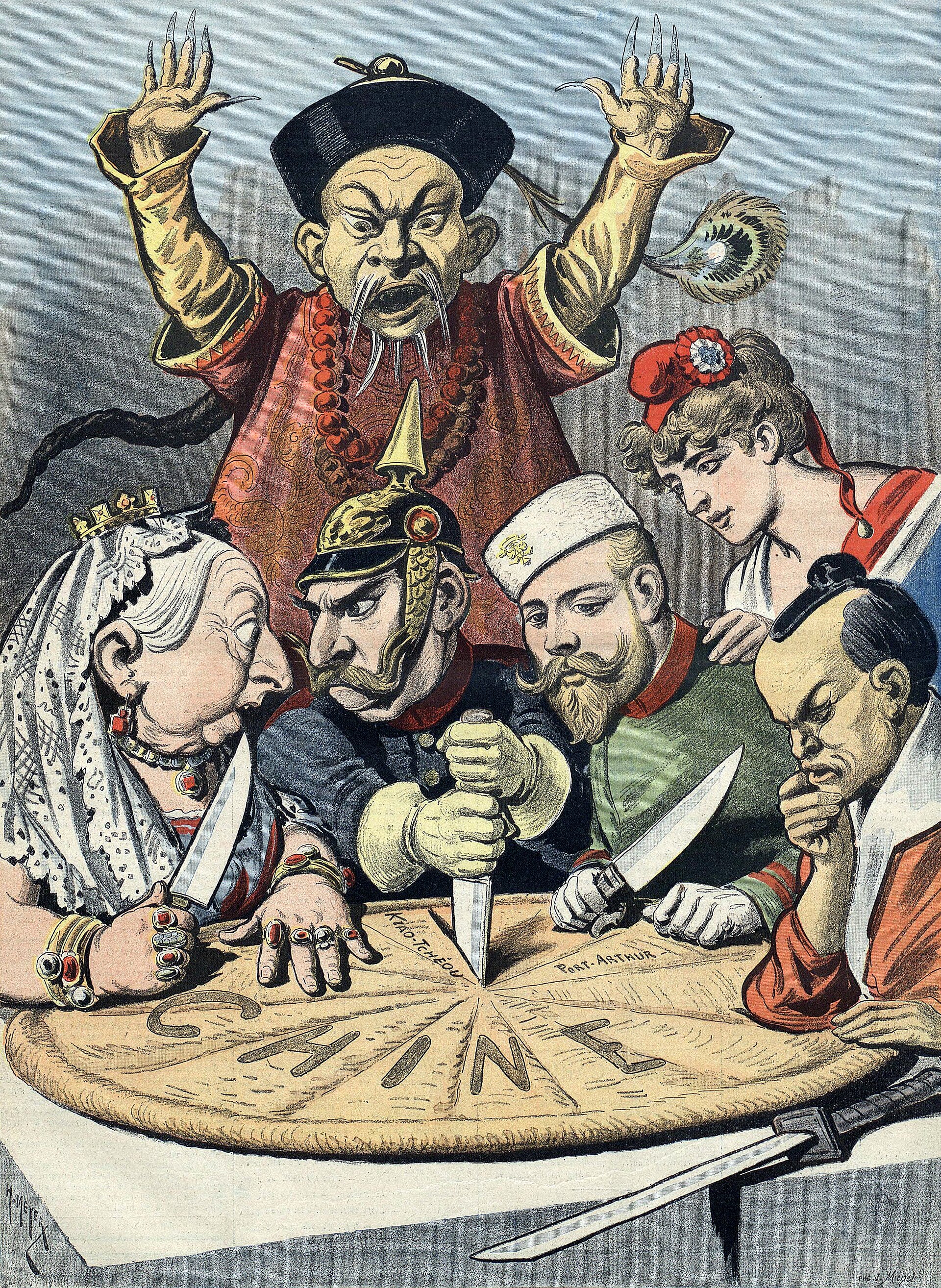 Charge pol&iacute;tica colorida de 1898 mostra um grande bolo redondo com a palavra &ldquo;CHINE&rdquo; ao centro sendo dividido por l&iacute;deres imperialistas europeus e um samurai japon&ecirc;s, enquanto um oficial chin&ecirc;s da dinastia Qing, ao fundo, ergue os bra&ccedil;os em desespero. Ao redor do bolo, v&ecirc;-se a rainha Vit&oacute;ria, do Reino Unido, com uma faca; o kaiser Guilherme II, da Alemanha, cravando uma faca no centro; o czar Nicolau II, da R&uacute;ssia, apontando para um peda&ccedil;o; a figura de Marianne, representando a Fran&ccedil;a, observando de perto; e um samurai, representando o Jap&atilde;o, inclinando-se pensativo com uma faca na m&atilde;o.